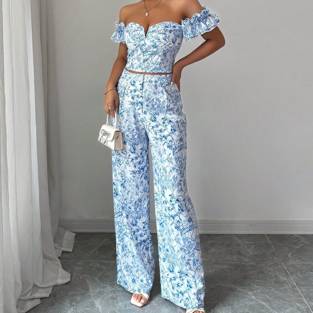 Blue And White Elegant Womens Top & Straight Leg Pants With Print Off Floral Set - Picture 4 of 6